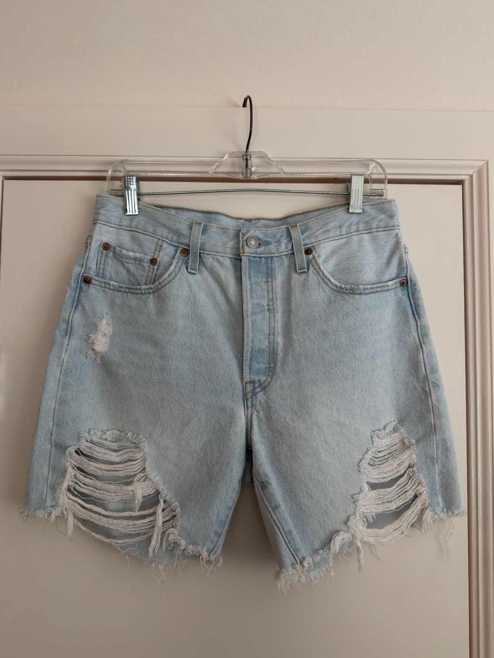 Levi's 501 Light Blue Distressed Denim Jean Shorts